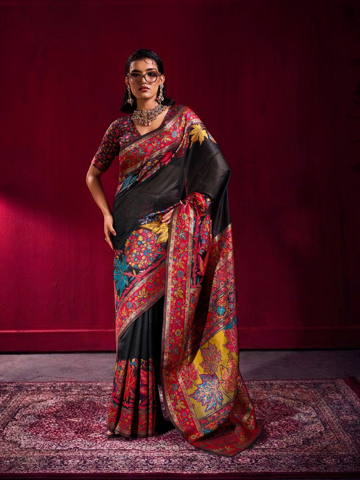 Peachmode Black Modal Cotton Kashmiri Weaving Saree - Image 1