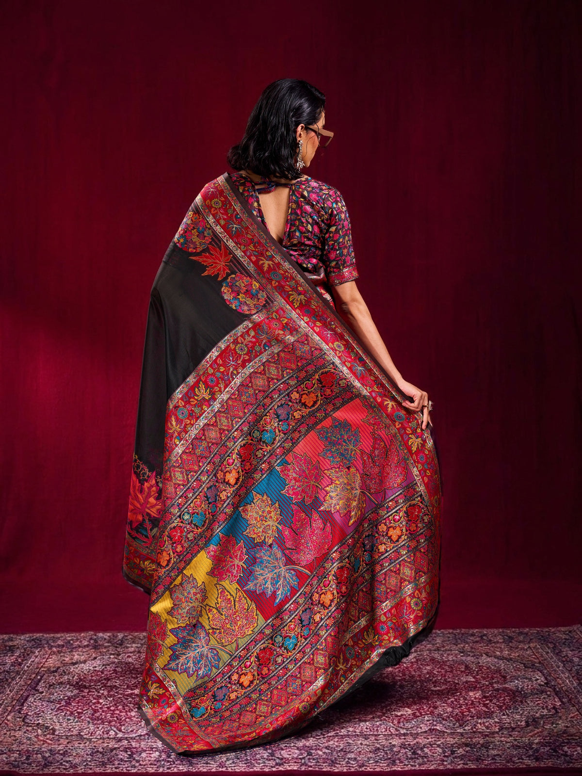 Peachmode Black Modal Cotton Kashmiri Weaving Saree - Image 2