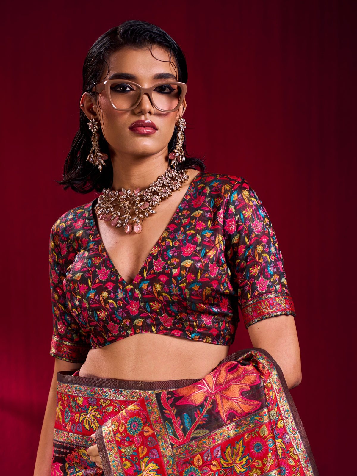 Peachmode Black Modal Cotton Kashmiri Weaving Saree - Image 3