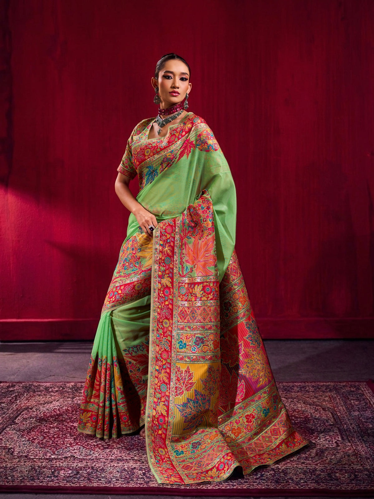 Peachmode Green Modal Cotton Kashmiri Weaving Saree - Image 1
