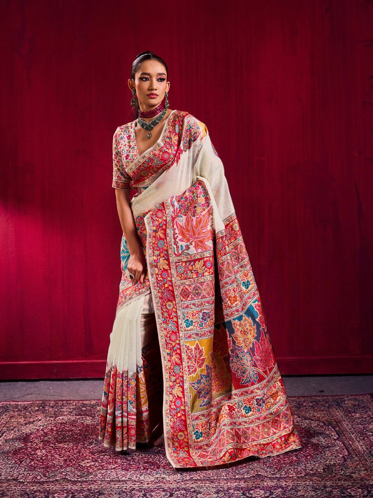 Peachmode Offwhite Modal Cotton Kashmiri Weaving Saree - Image 1