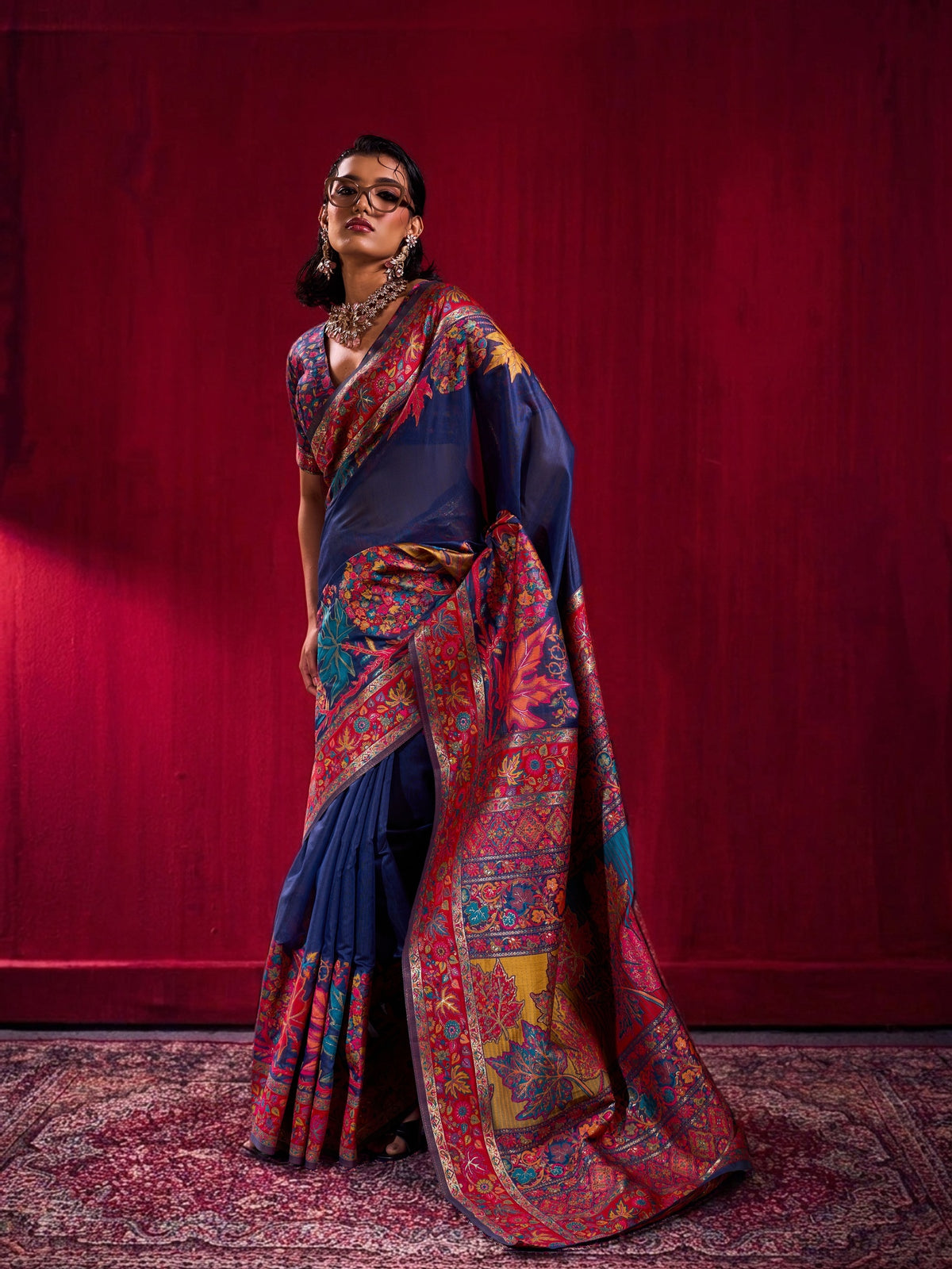 Peachmode Navy Blue Modal Cotton Kashmiri Weaving Saree - Image 1
