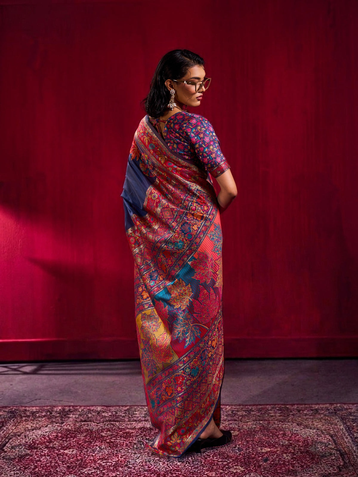 Peachmode Navy Blue Modal Cotton Kashmiri Weaving Saree - Image 2