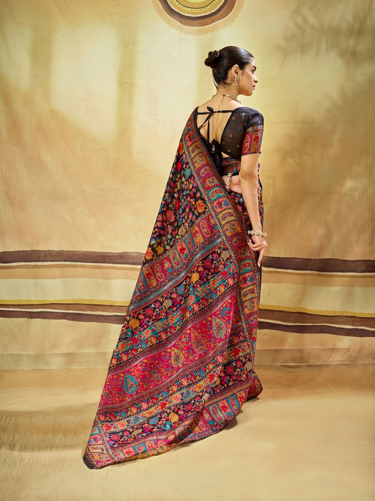 Peachmode Black Modal Cotton Kashmiri Weaving Paisley Saree - Image 2