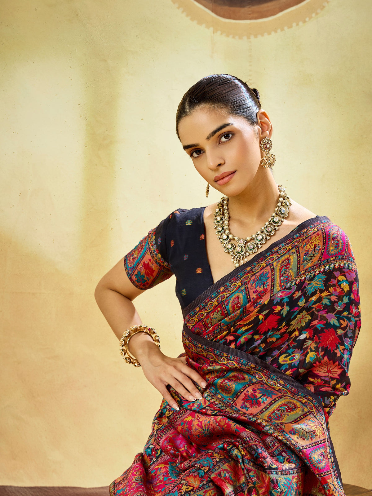 Peachmode Black Modal Cotton Kashmiri Weaving Paisley Saree - Image 4