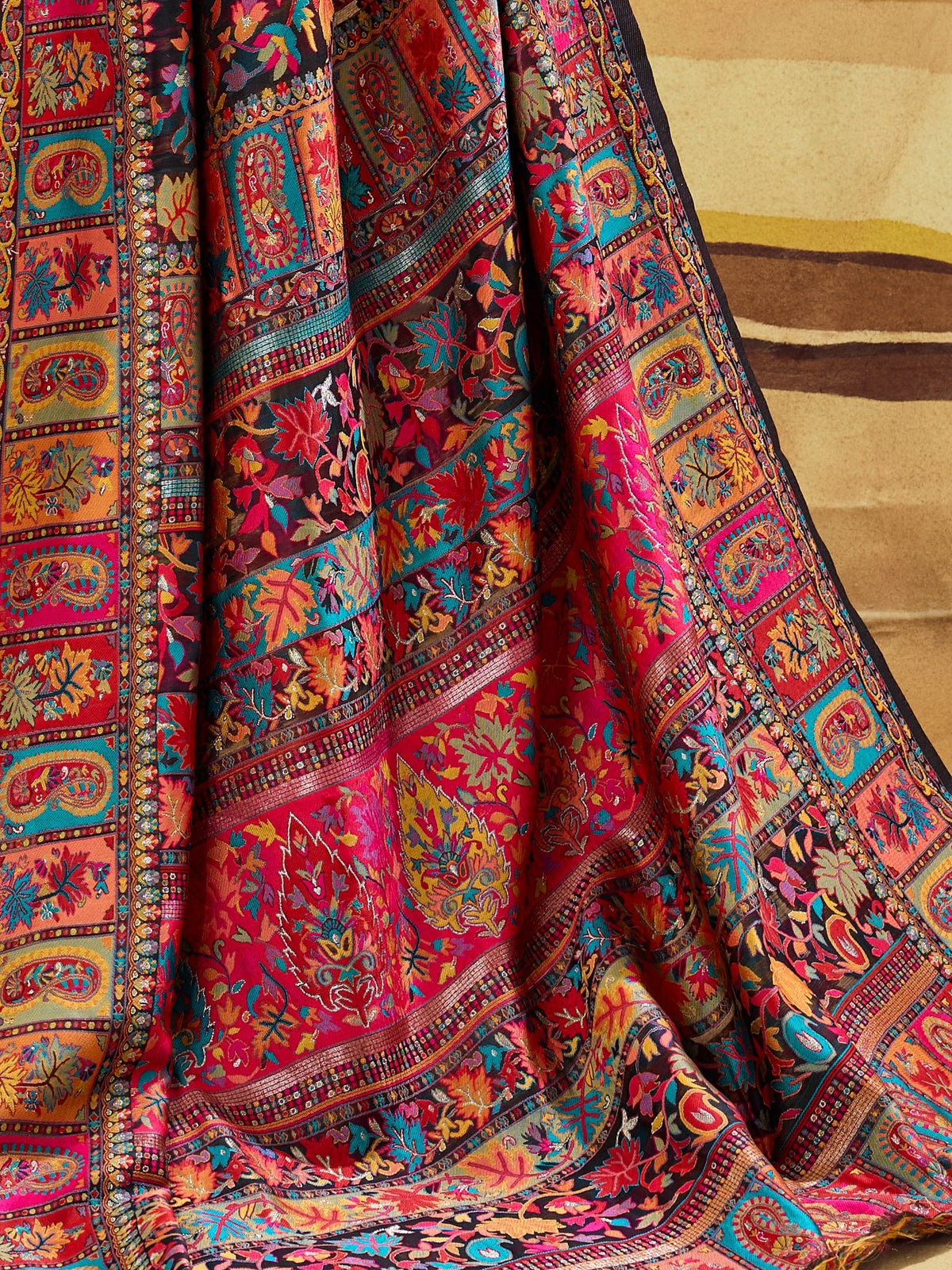 Peachmode Black Modal Cotton Kashmiri Weaving Paisley Saree - Image 5