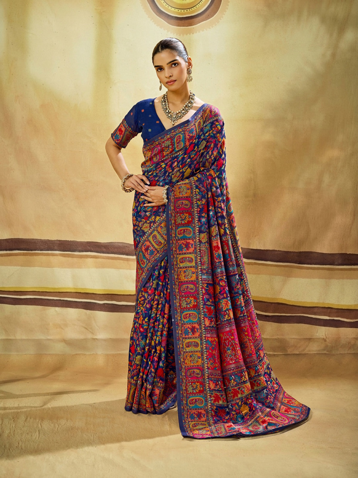 Peachmode Navy Blue Modal Cotton Kashmiri Weaving Paisley Saree - Image 1