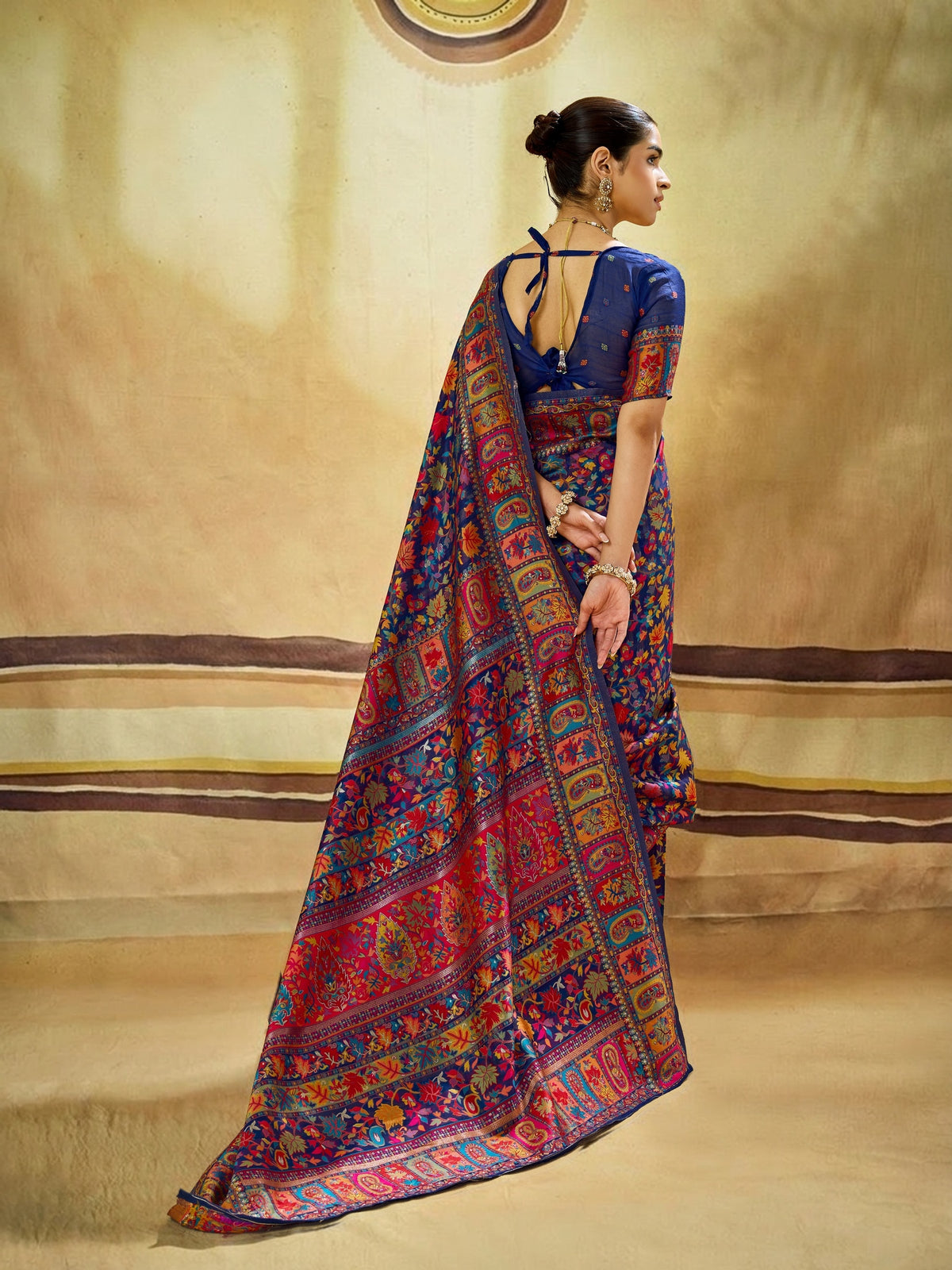 Peachmode Navy Blue Modal Cotton Kashmiri Weaving Paisley Saree - Image 2