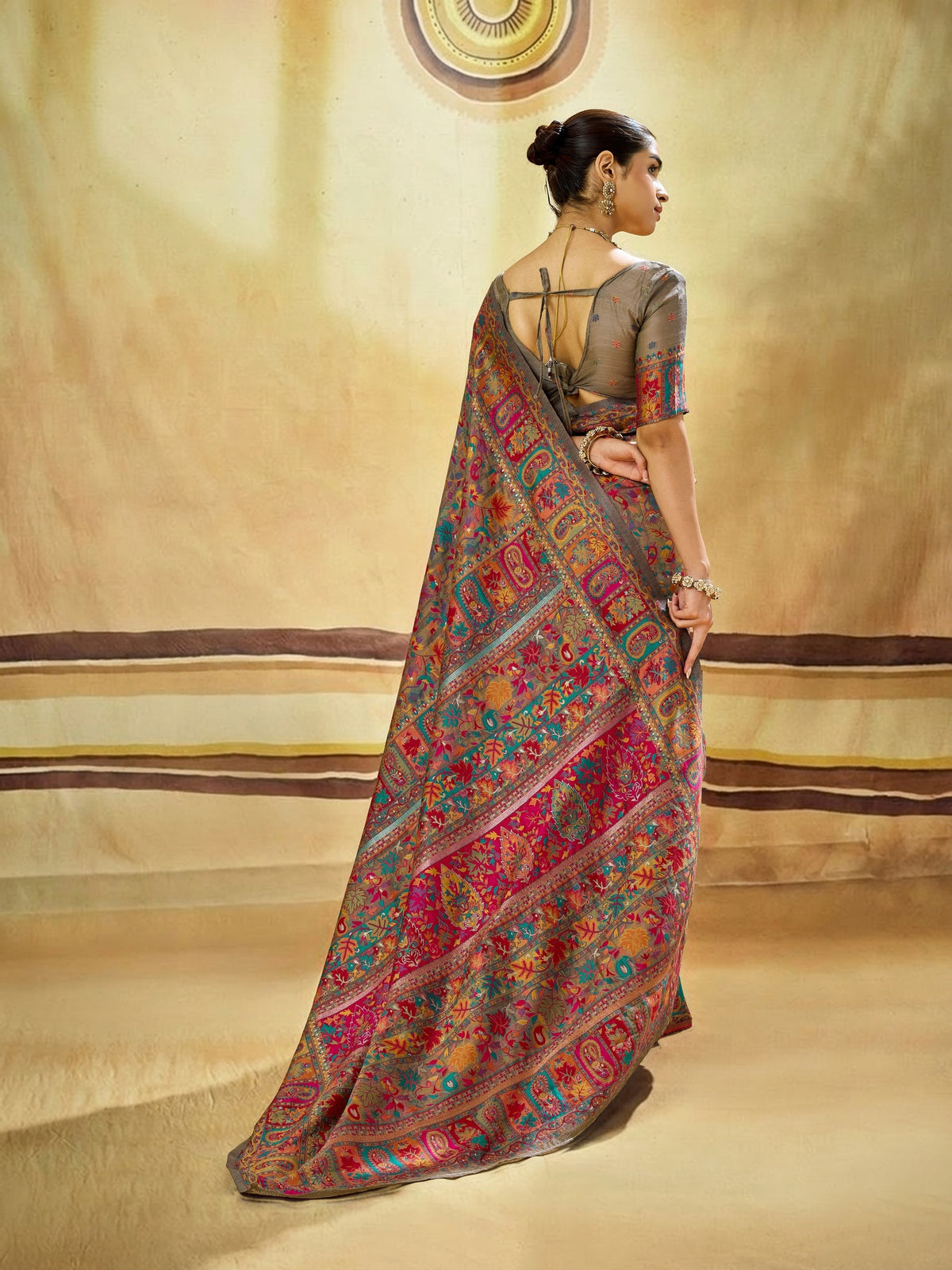 Peachmode Grey Modal Cotton Kashmiri Weaving Paisley Saree - Image 2