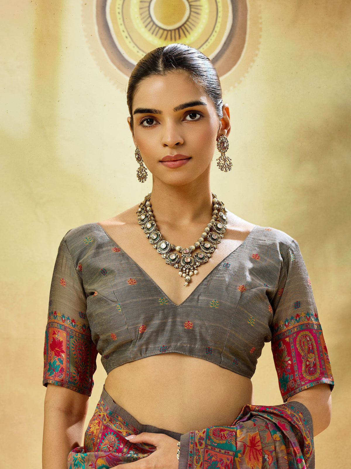 Peachmode Grey Modal Cotton Kashmiri Weaving Paisley Saree - Image 3