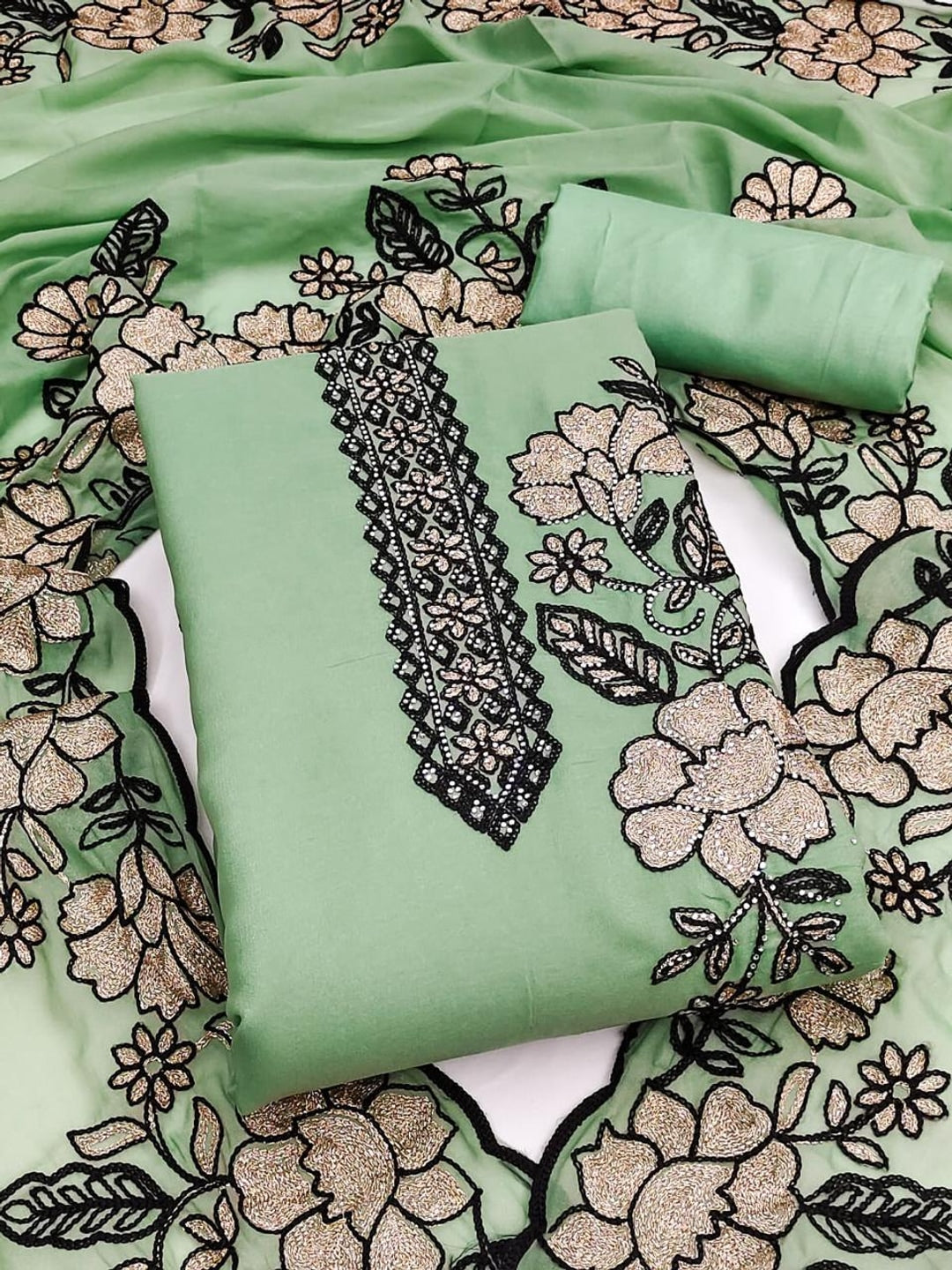 Peachmode Mint Floral Embroidered Georgette Dress Material - Image 1