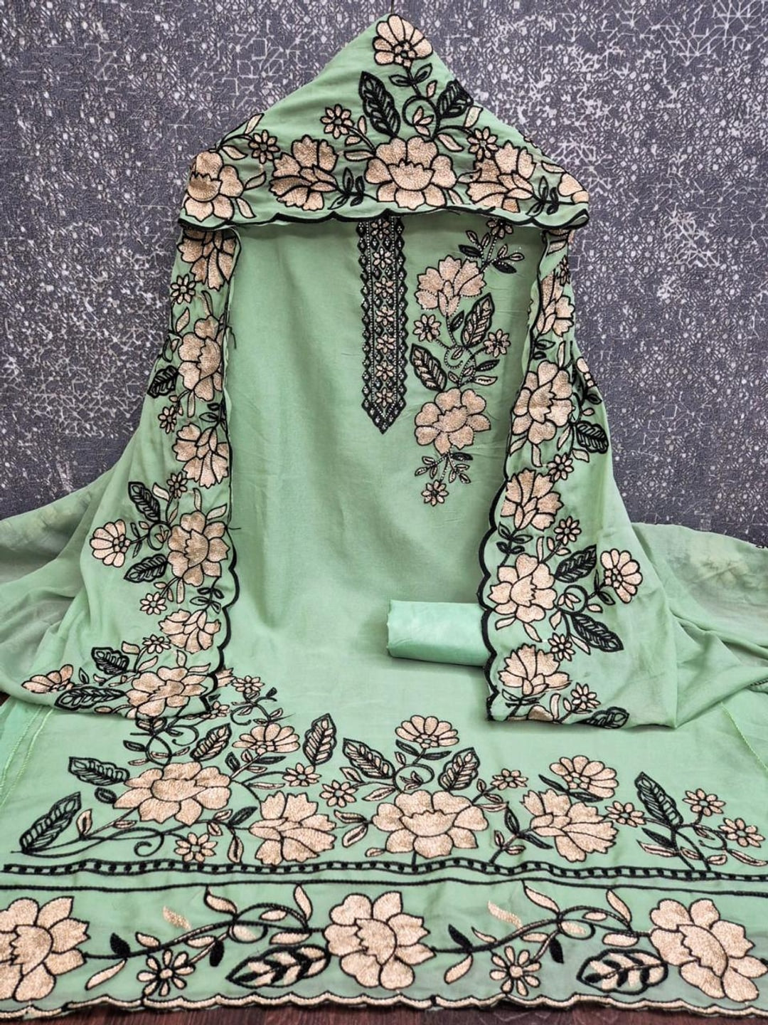Peachmode Mint Floral Embroidered Georgette Dress Material - Image 3