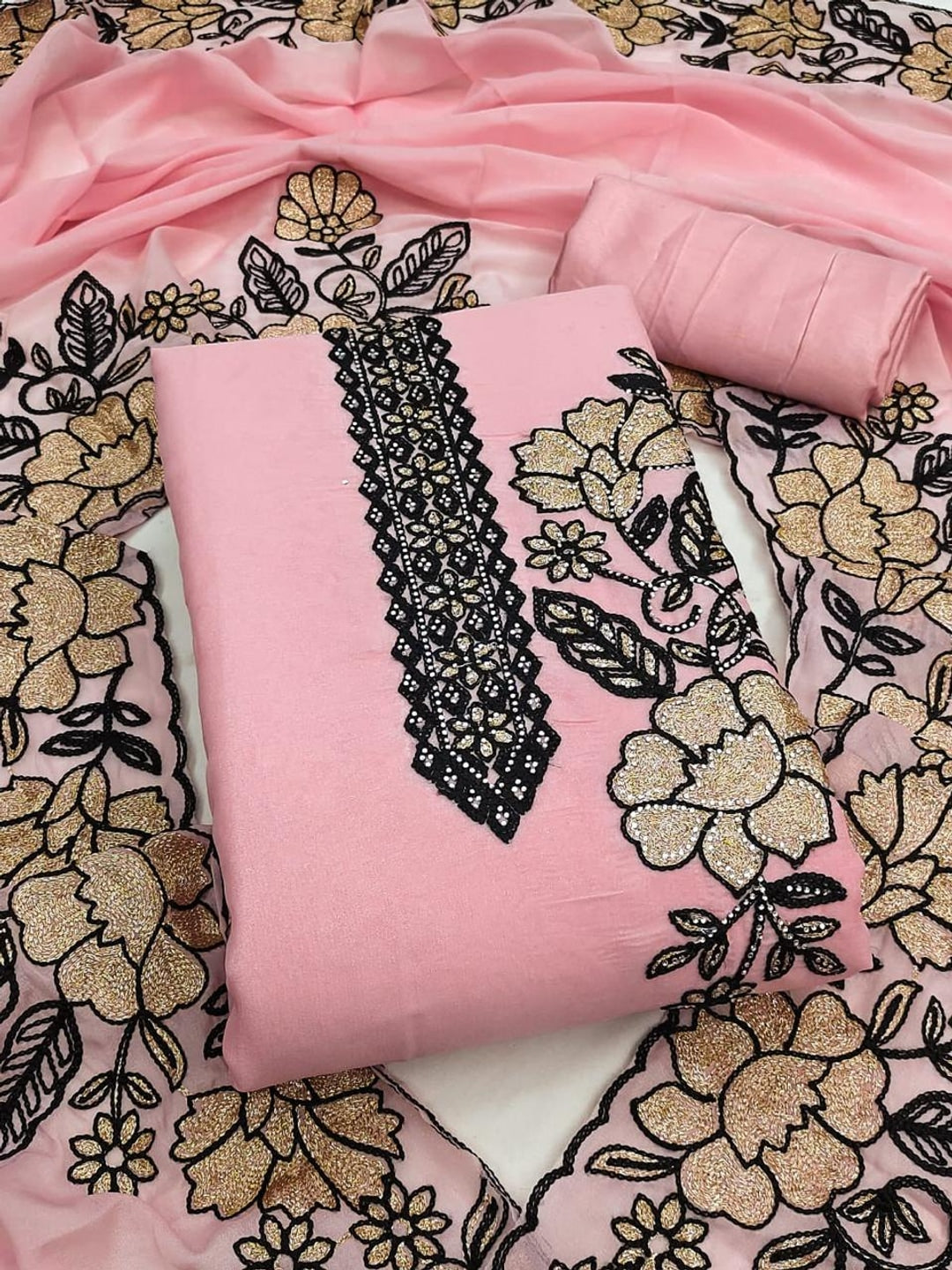 Peachmode Pink Floral Embroidered Georgette Dress Material - Image 1