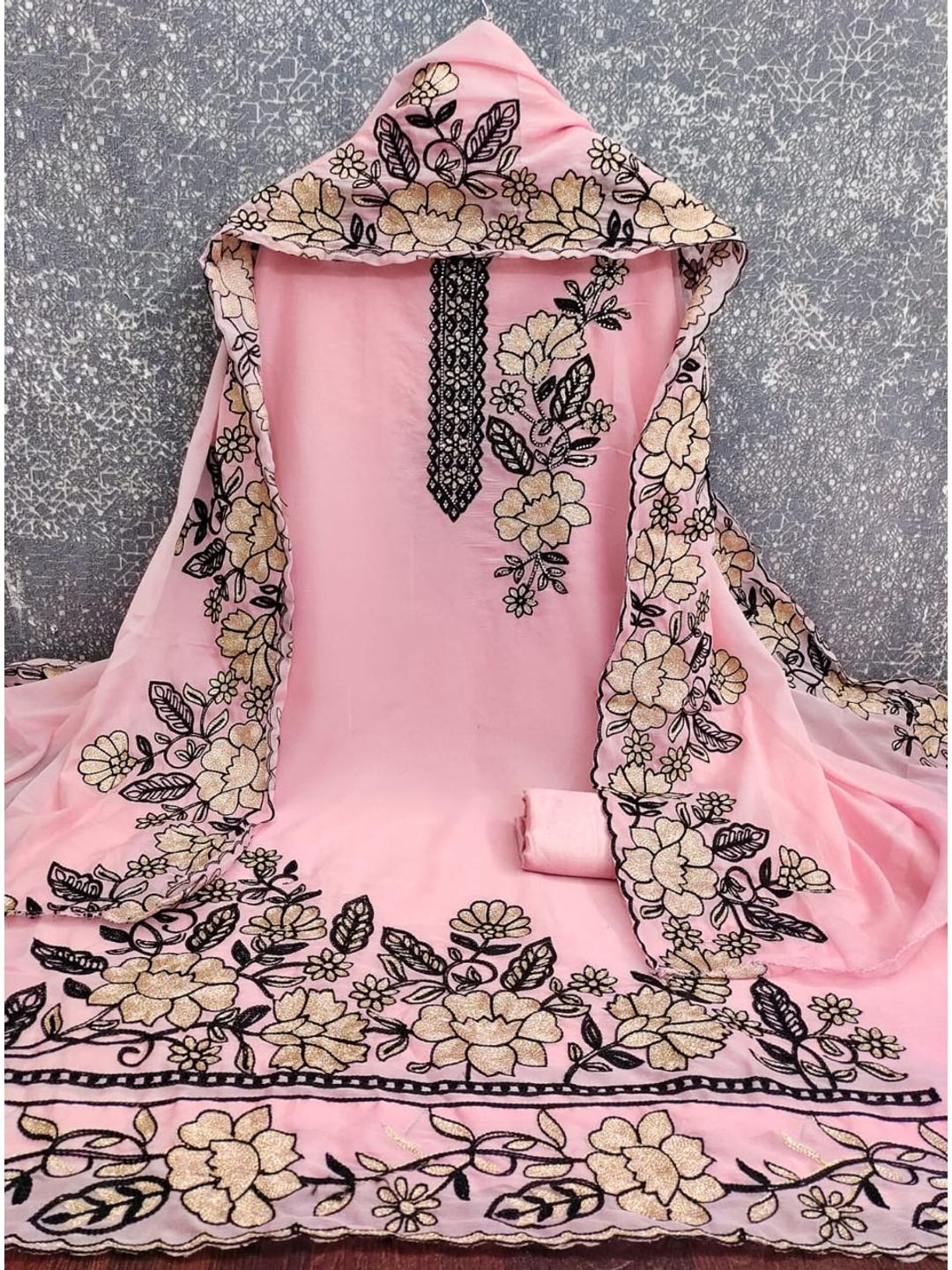 Peachmode Pink Floral Embroidered Georgette Dress Material - Image 3