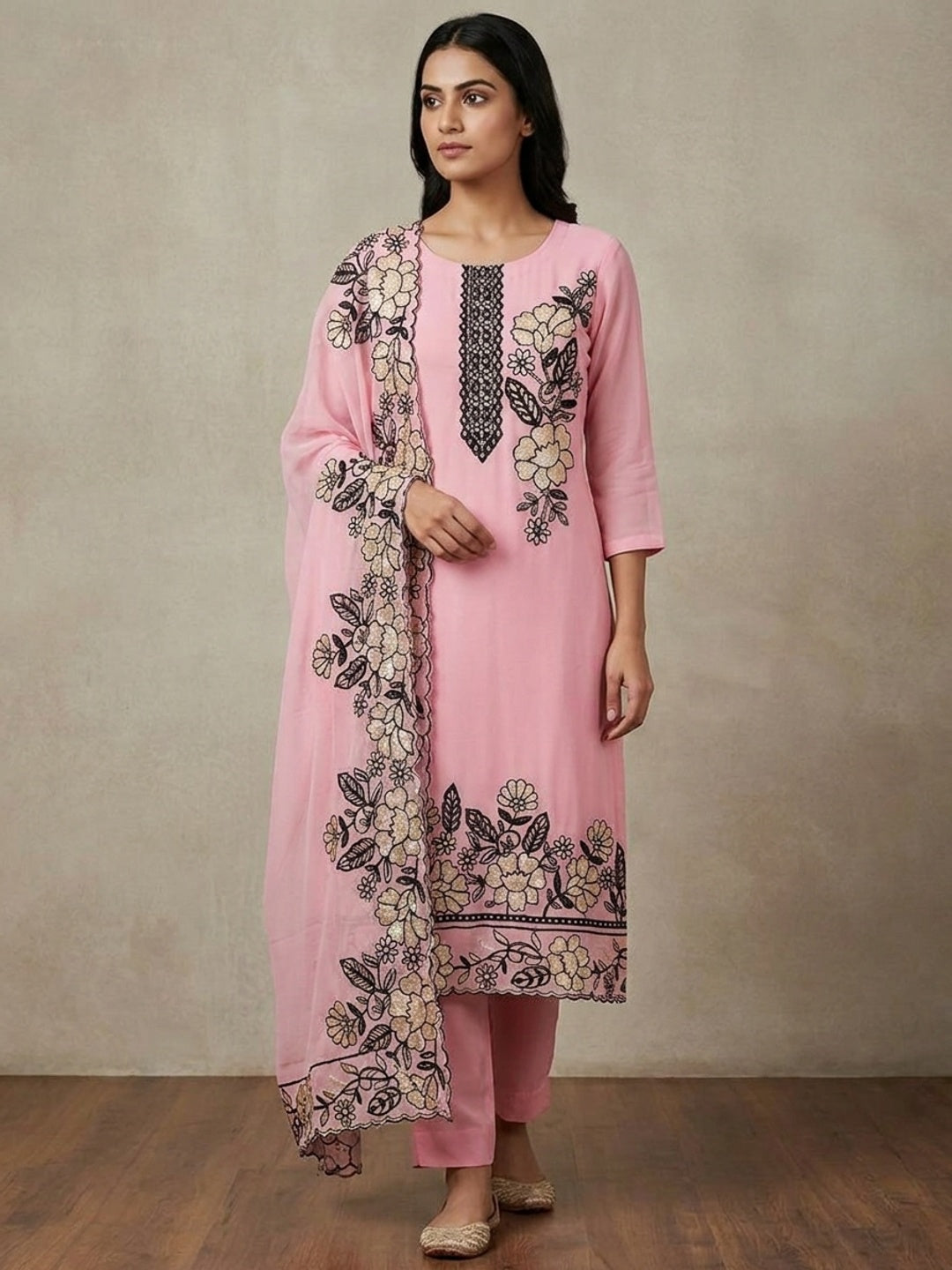 Peachmode Pink Floral Embroidered Georgette Dress Material - Image 2