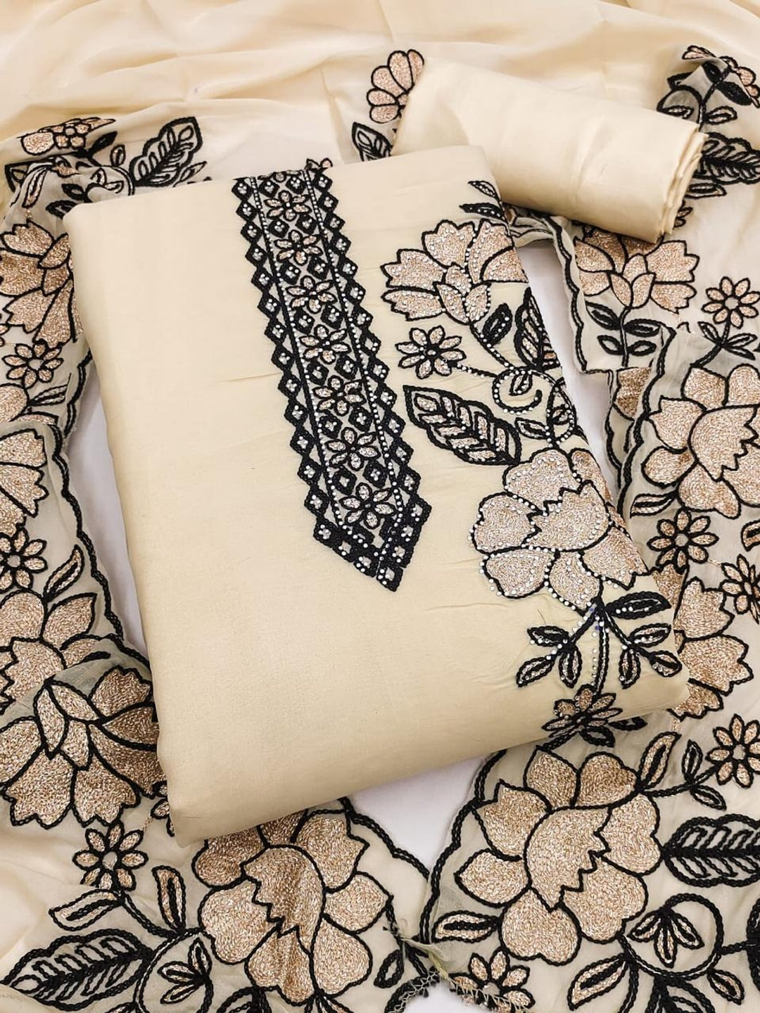 Peachmode Cream Floral Embroidered Georgette Dress Material - Image 1