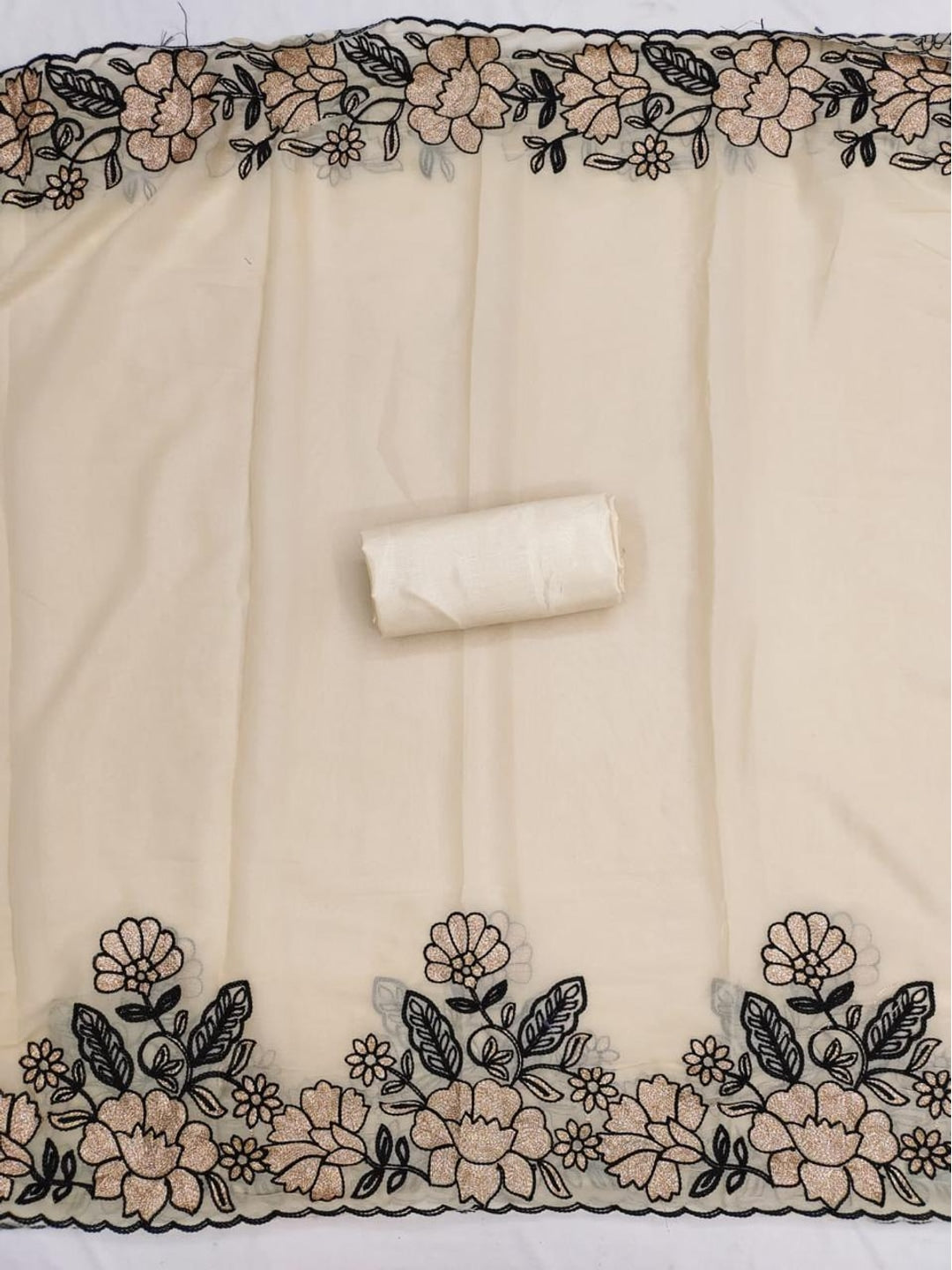 Peachmode Cream Floral Embroidered Georgette Dress Material - Image 3