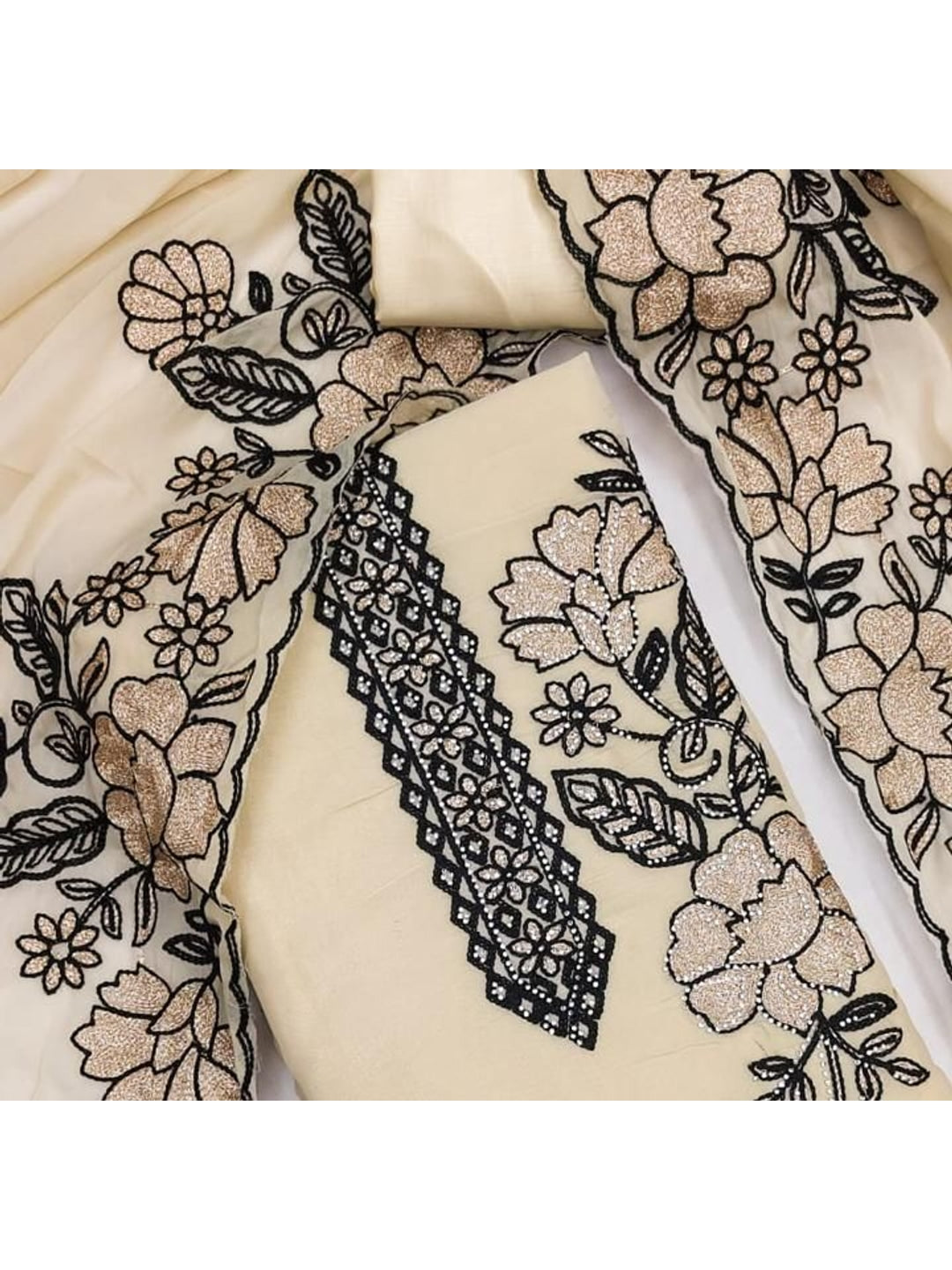 Peachmode Cream Floral Embroidered Georgette Dress Material - Image 6