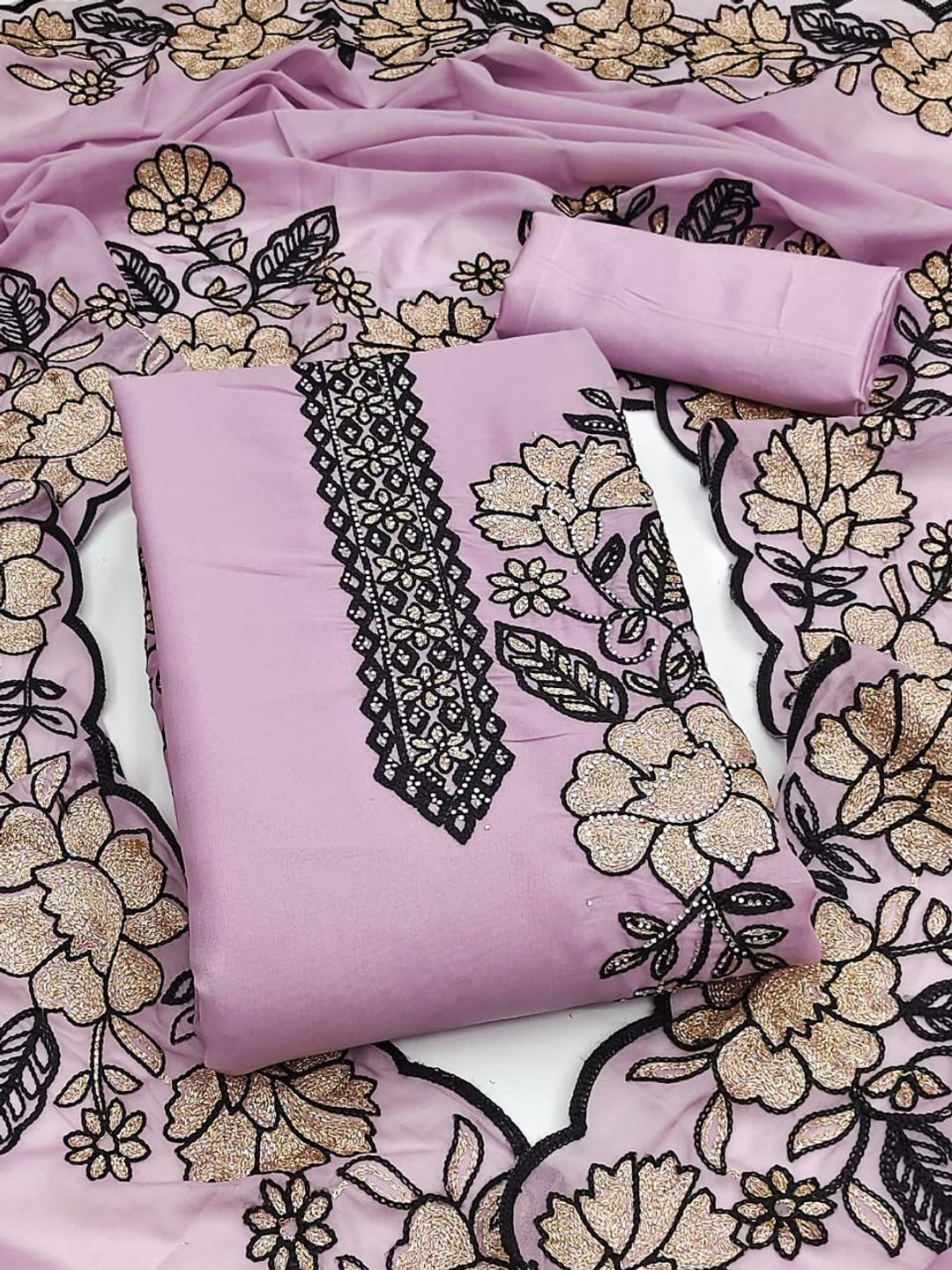 Peachmode Lavender Floral Embroidered Georgette Dress Material - Image 1