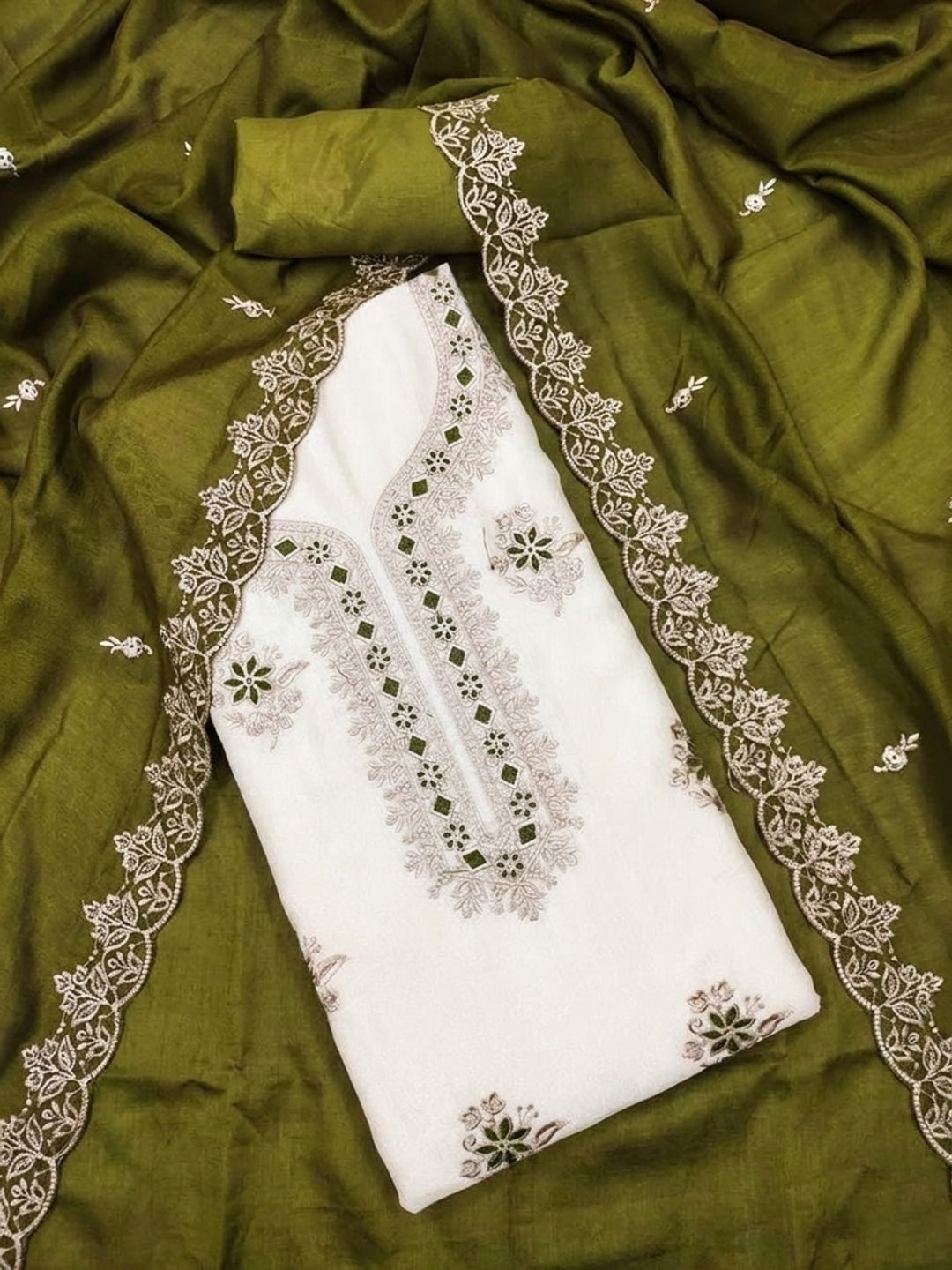 Peachmode White & Olive Embroidered Vichitra Silk Dress Material - Image 1