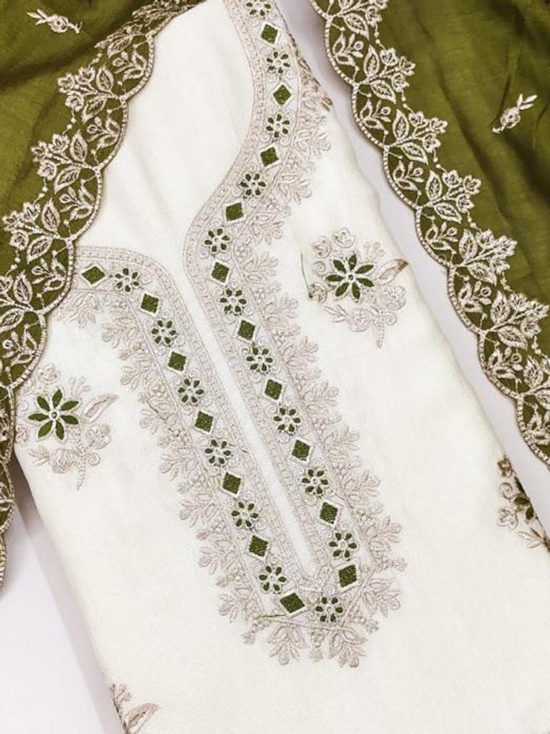 Peachmode White & Olive Embroidered Vichitra Silk Dress Material - Image 5