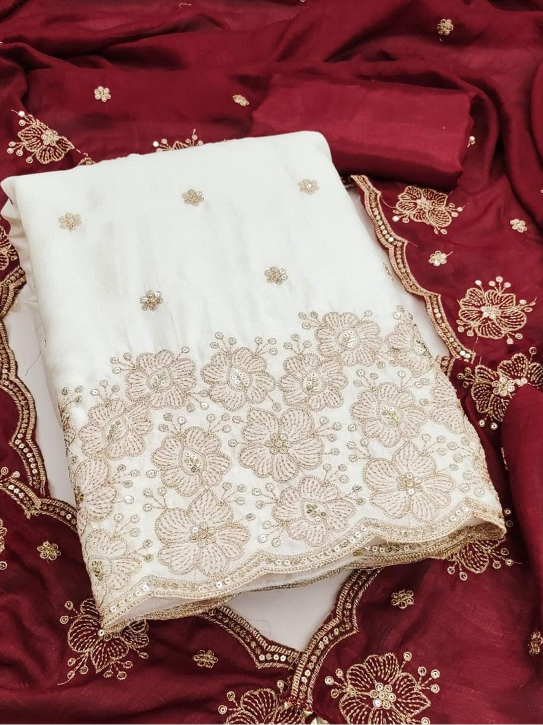 Peachmode White & Red Embroidered Vichitra Silk Dress Material - Image 1