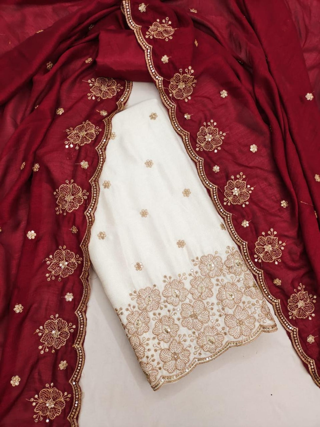 Peachmode White & Red Embroidered Vichitra Silk Dress Material - Image 3