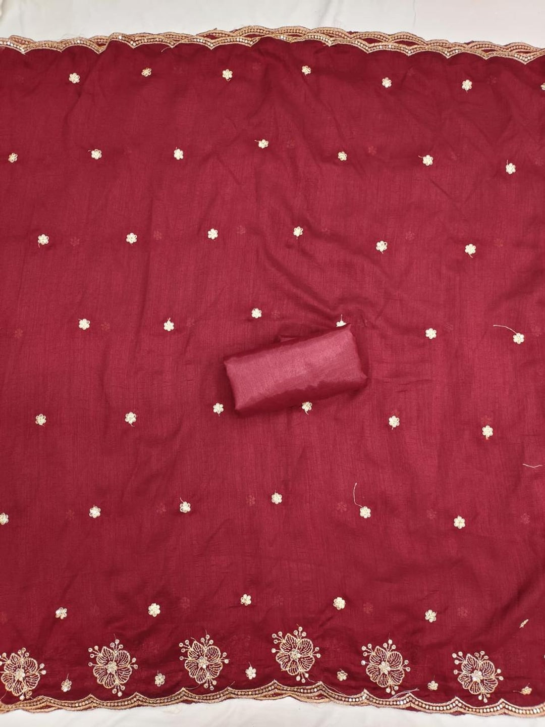 Peachmode White & Red Embroidered Vichitra Silk Dress Material - Image 4