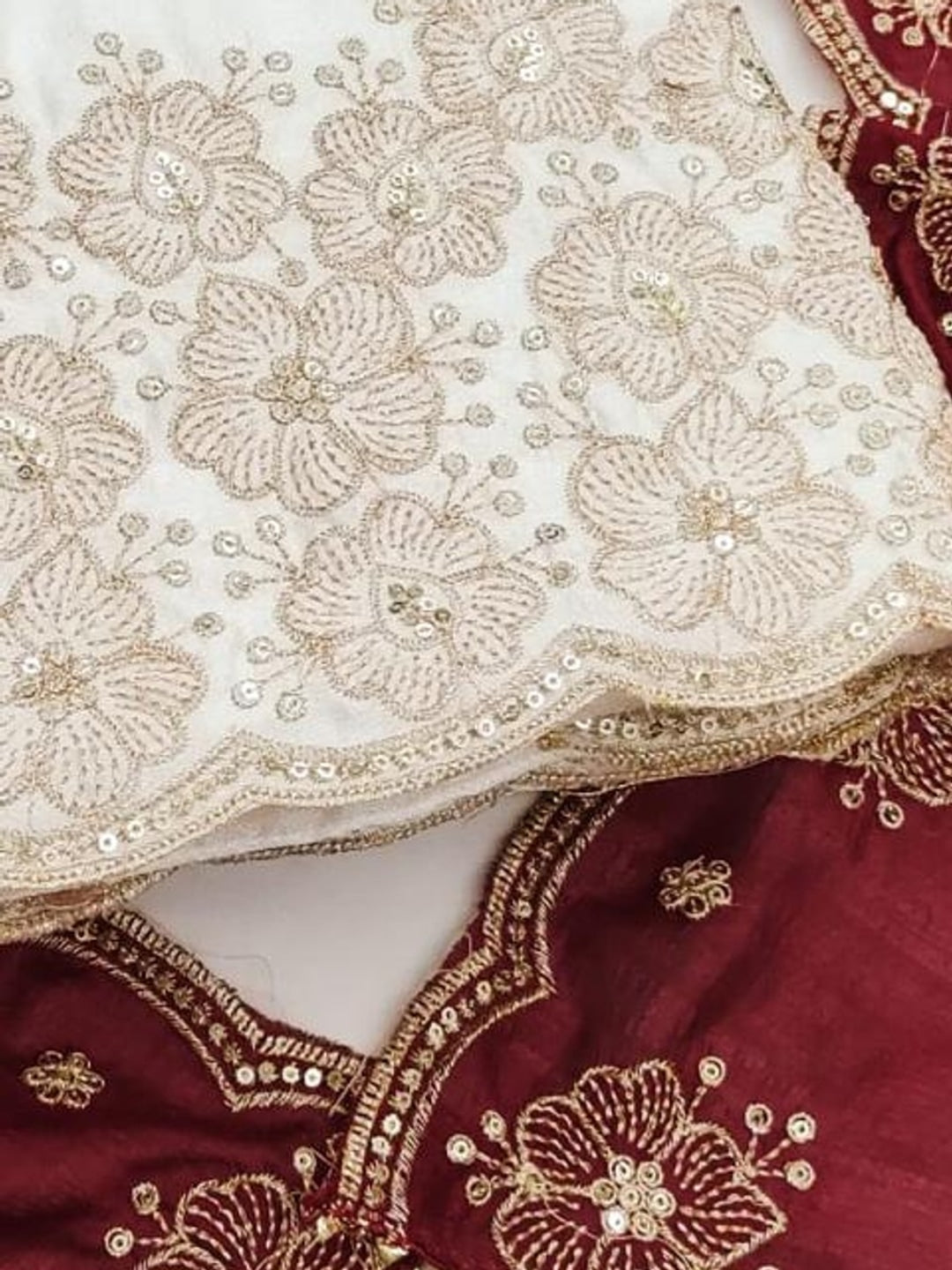 Peachmode White & Red Embroidered Vichitra Silk Dress Material - Image 5