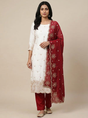 Peachmode White & Red Embroidered Vichitra Silk Dress Material - Image 2