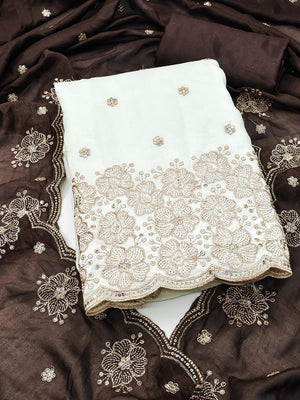 Peachmode White & Brown Embroidered Vichitra Silk Dress Material - Image 1