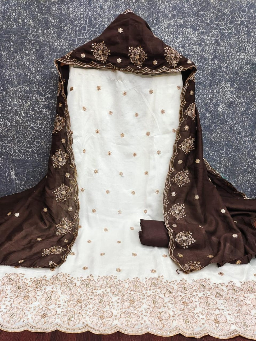 Peachmode White & Brown Embroidered Vichitra Silk Dress Material - Image 3