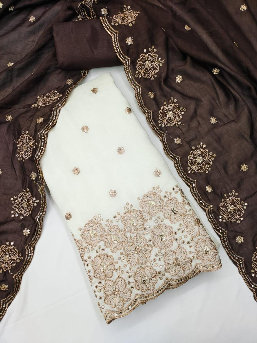 Peachmode White & Brown Embroidered Vichitra Silk Dress Material - Image 4