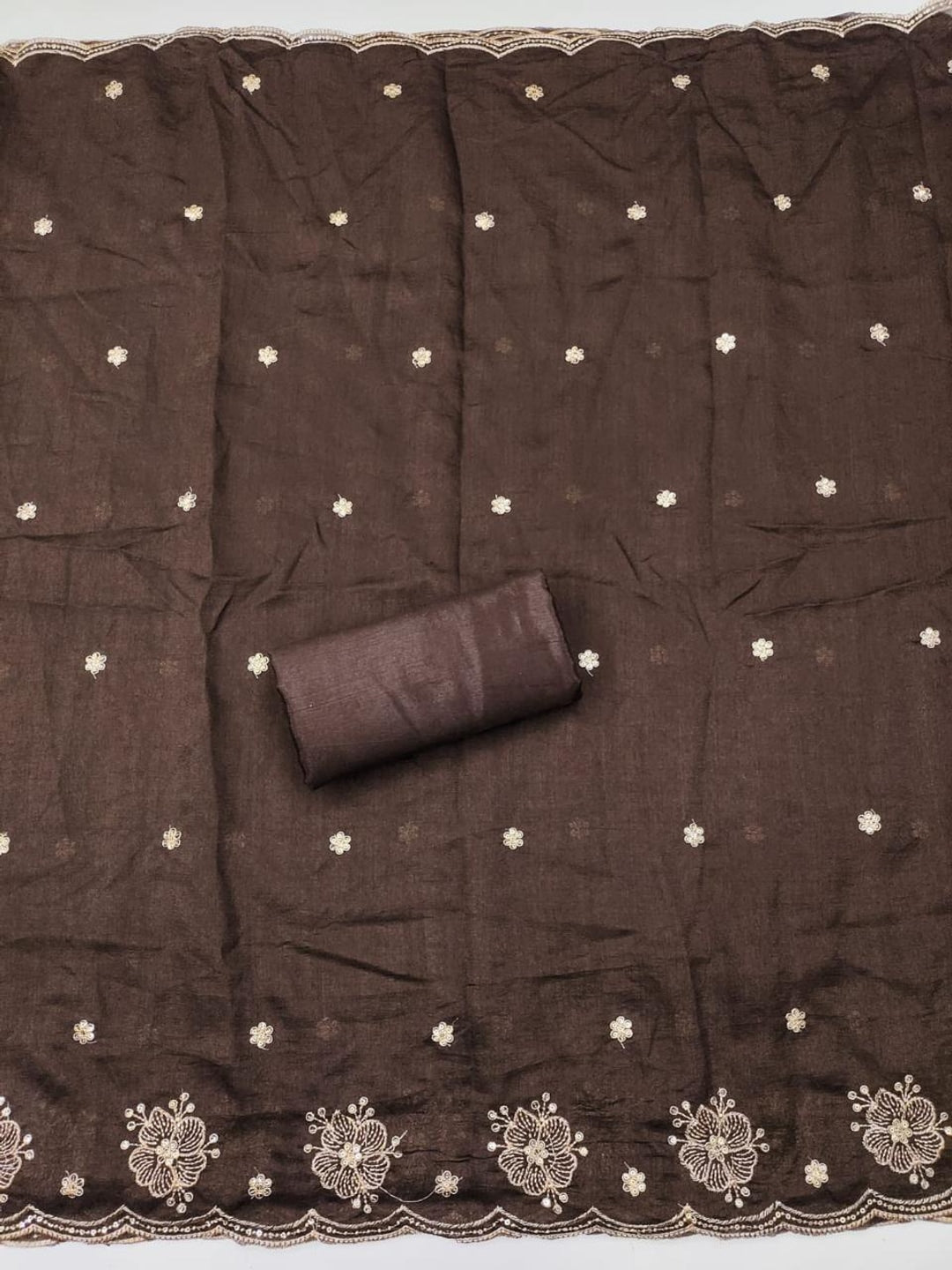 Peachmode White & Brown Embroidered Vichitra Silk Dress Material - Image 5