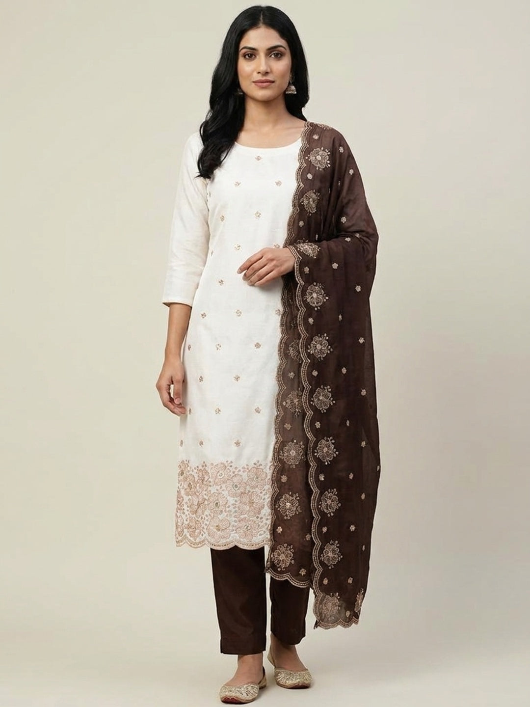 Peachmode White & Brown Embroidered Vichitra Silk Dress Material - Image 2