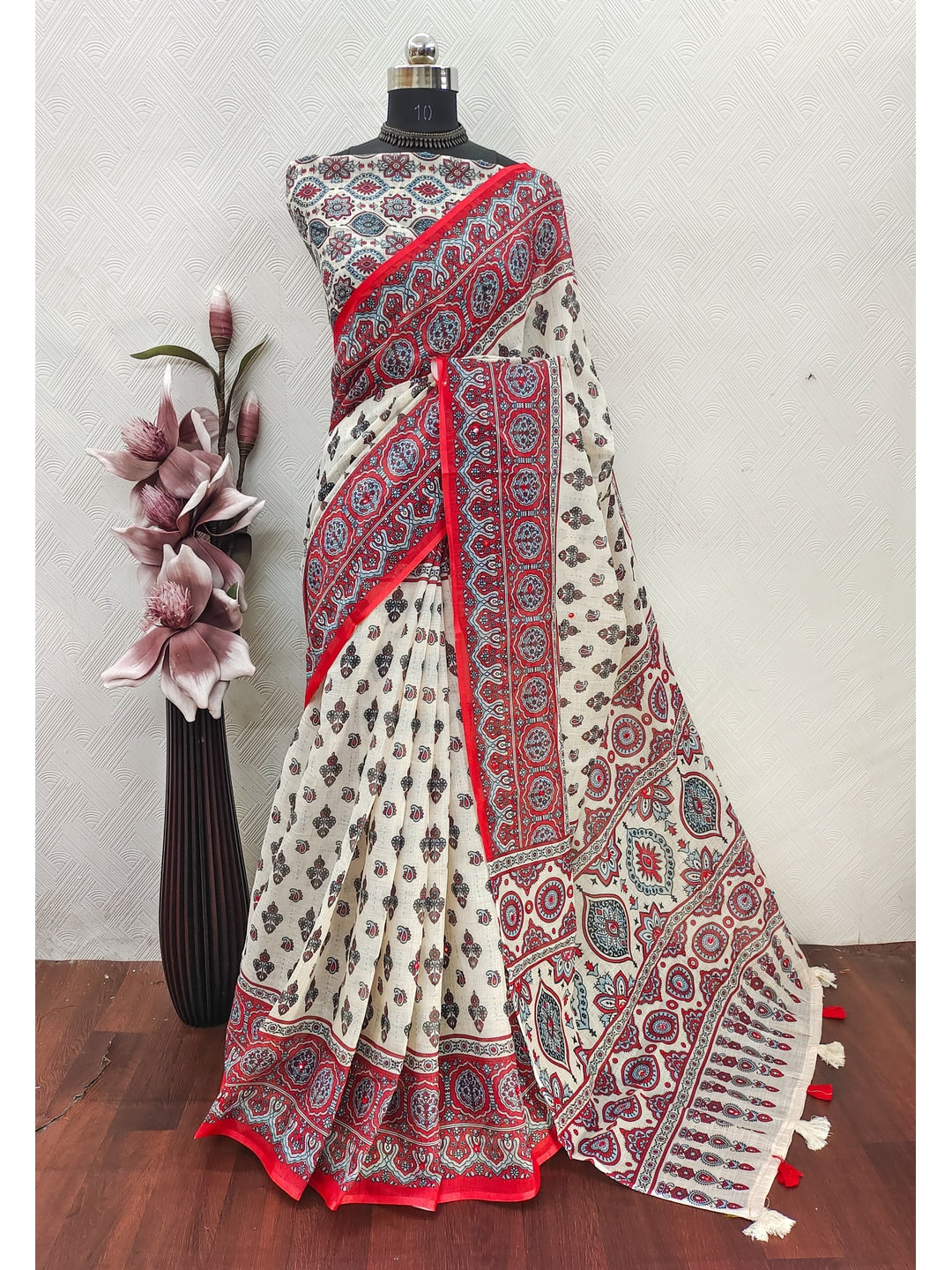 Peachmode Red Ajrakh Printed Linen Saree With Mirror Work - Image 3