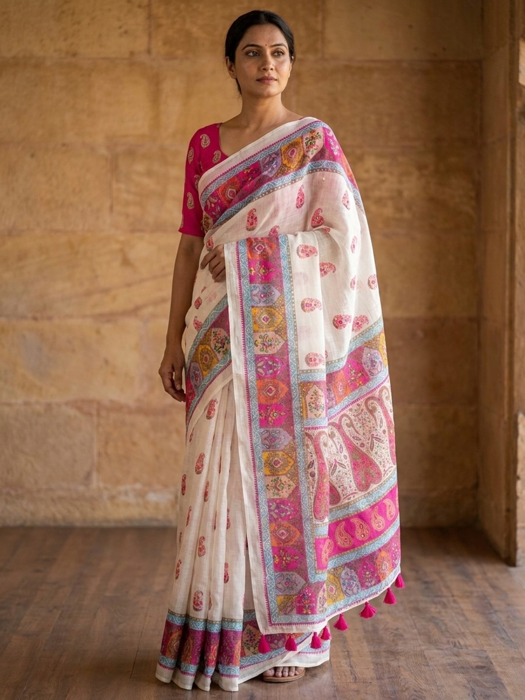 Peachmode Pink Paisley Printed Linen Saree With Mirror Work - Image 1