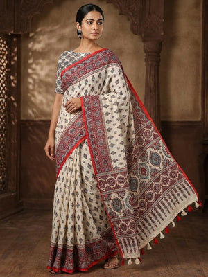 Peachmode Red Ajrakh Printed Linen Saree With Mirror Work - Image 1