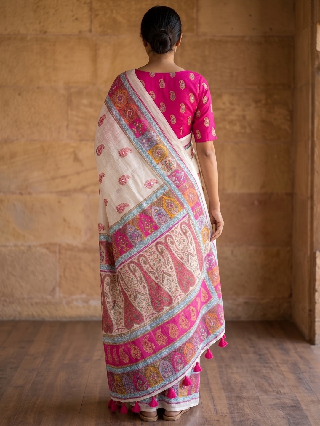 Peachmode Pink Paisley Printed Linen Saree With Mirror Work - Image 2