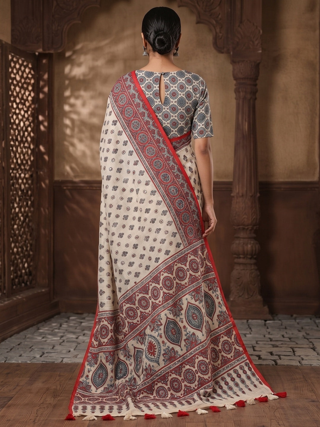 Peachmode Red Ajrakh Printed Linen Saree With Mirror Work - Image 2