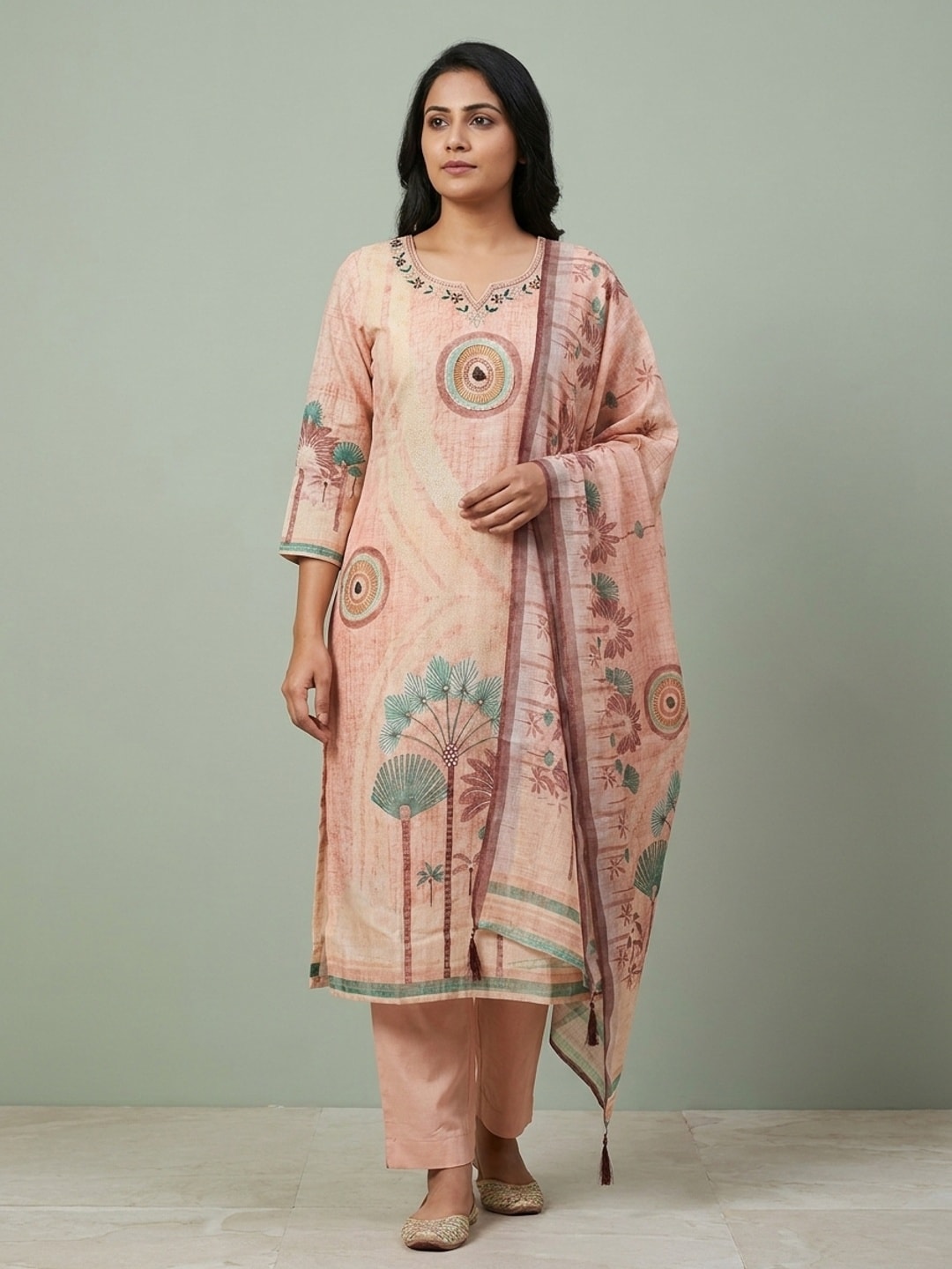 Peachmode Peach Palm Print Cotton Linen Salwar Suit with Dupatta - Image 1
