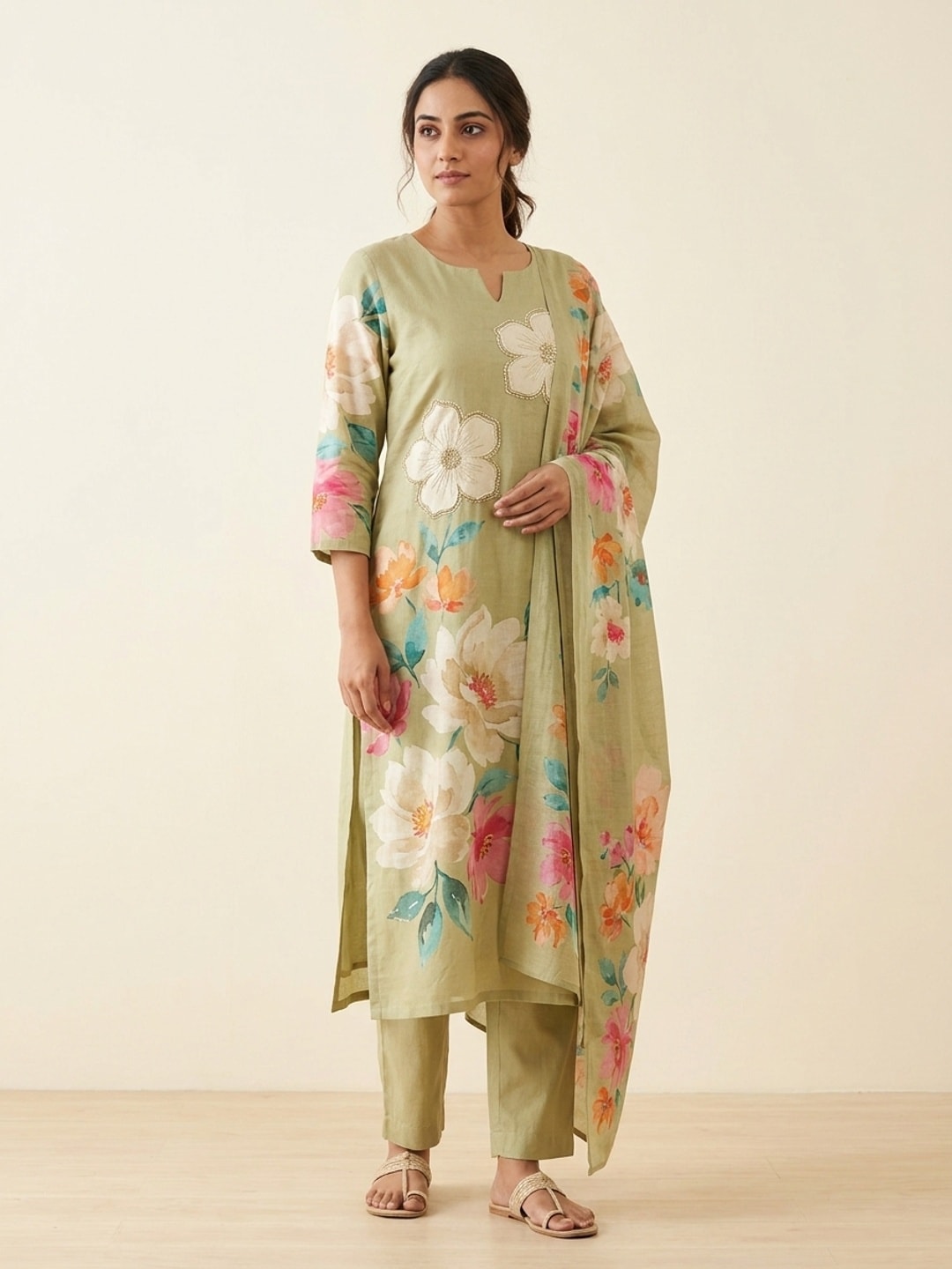 Peachmode Olive Floral Print Cotton Linen Salwar Suit with Dupatta - Image 1