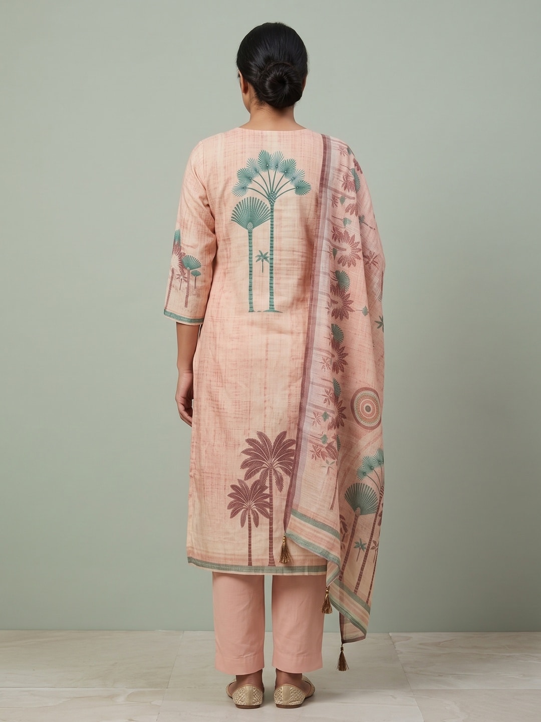 Peachmode Peach Palm Print Cotton Linen Salwar Suit with Dupatta - Image 2