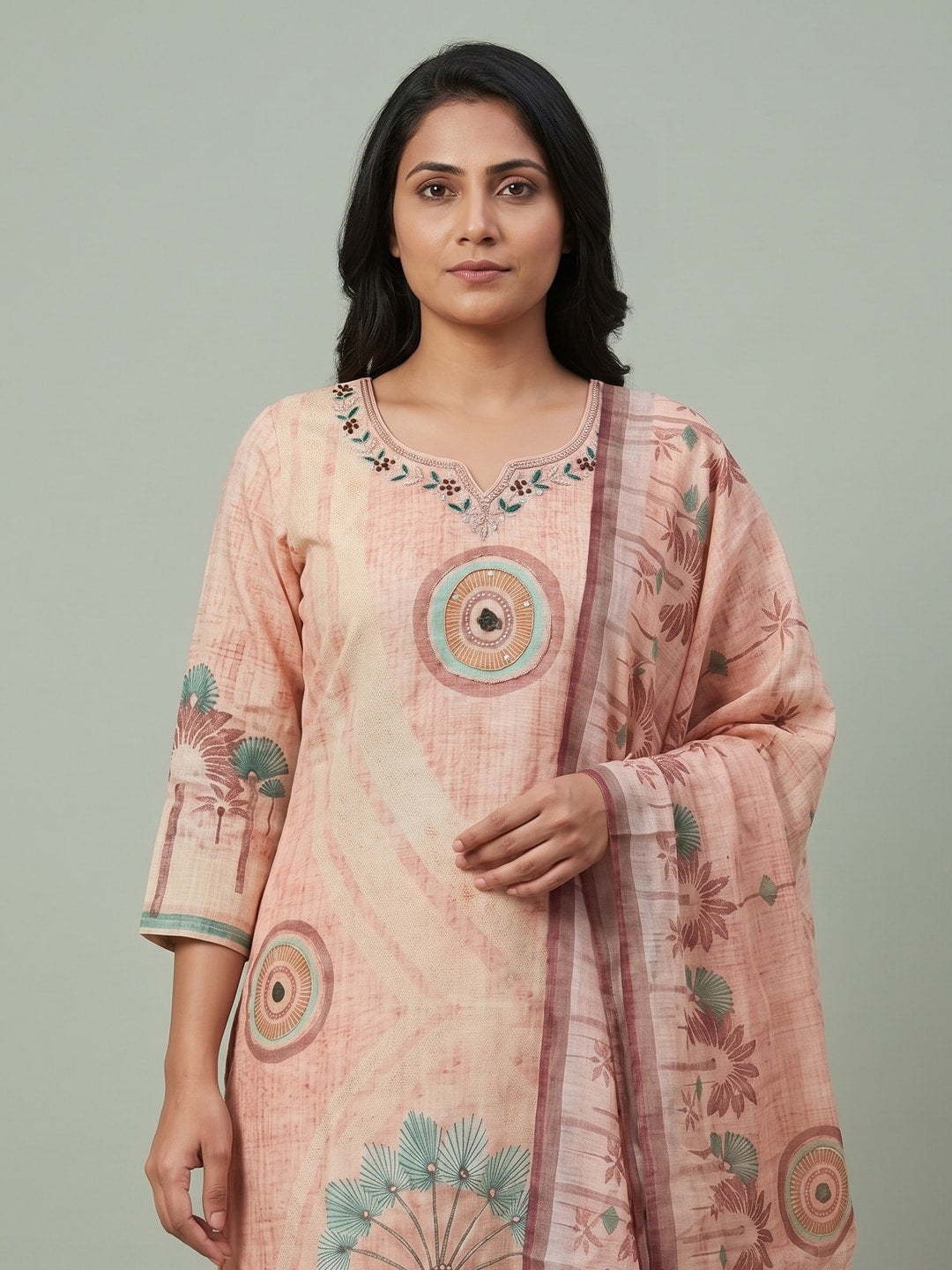 Peachmode Peach Palm Print Cotton Linen Salwar Suit with Dupatta - Image 4