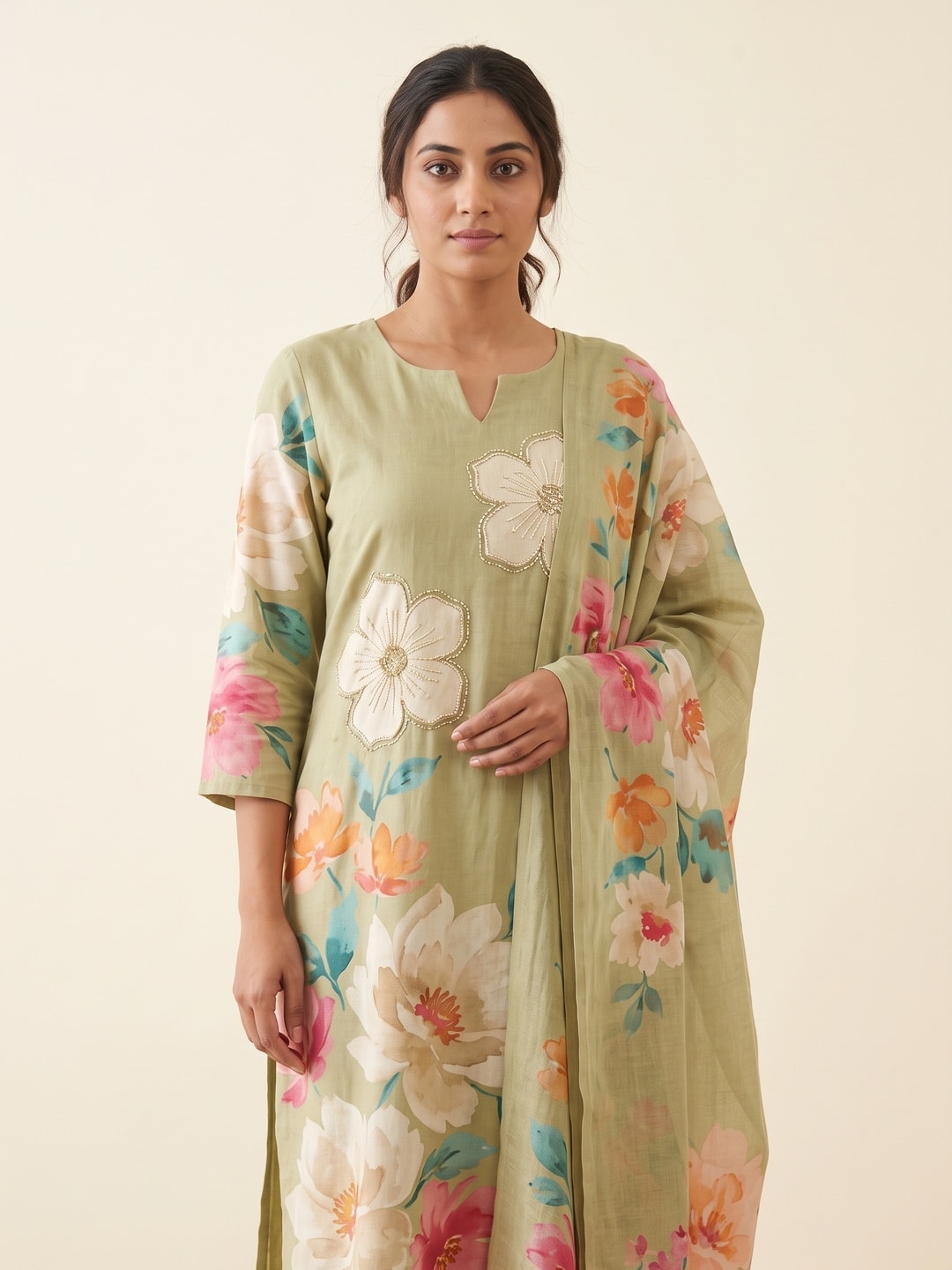 Peachmode Olive Floral Print Cotton Linen Salwar Suit with Dupatta - Image 4