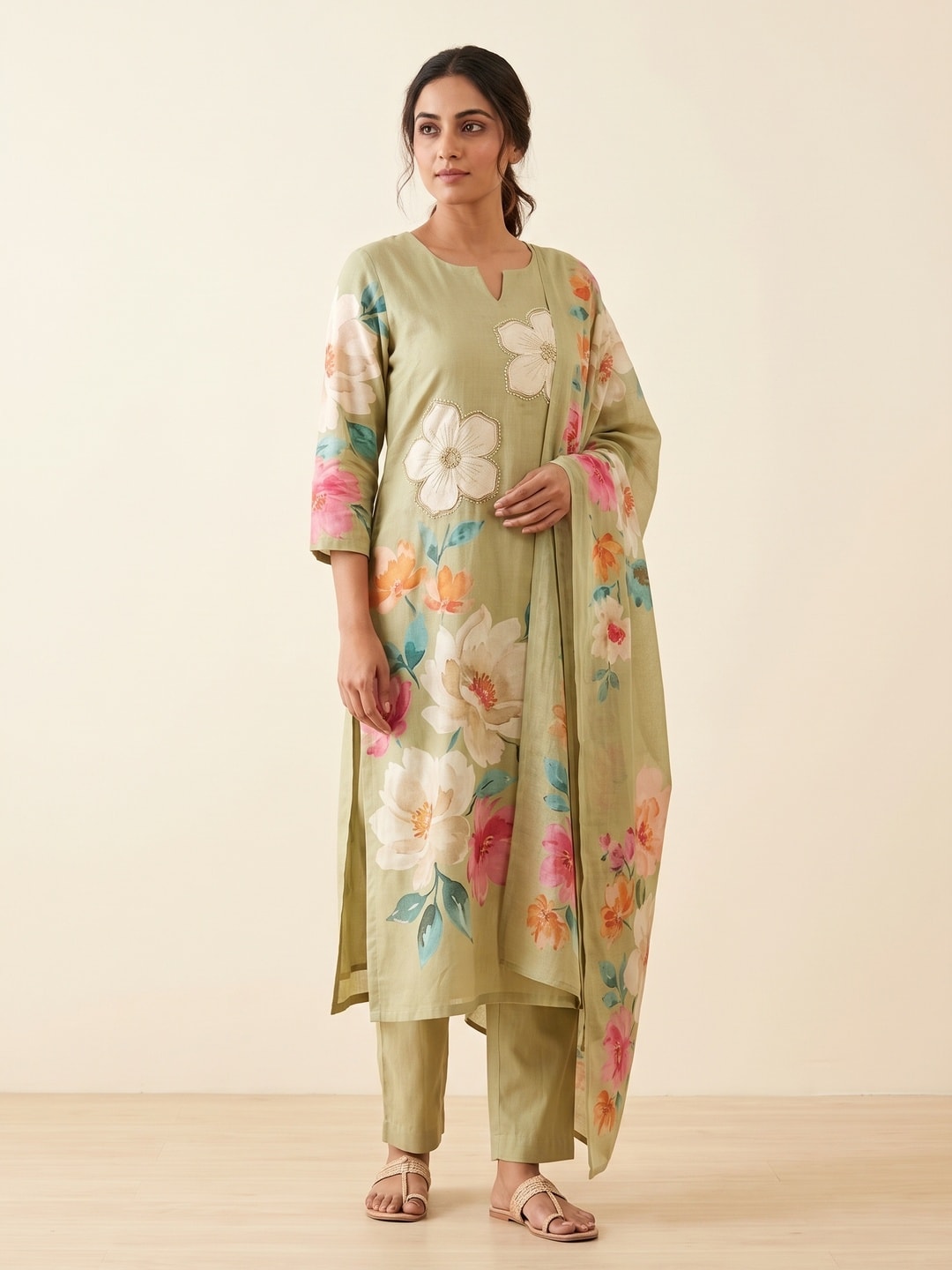 Peachmode Olive Floral Print Cotton Linen Salwar Suit with Dupatta - Image 5