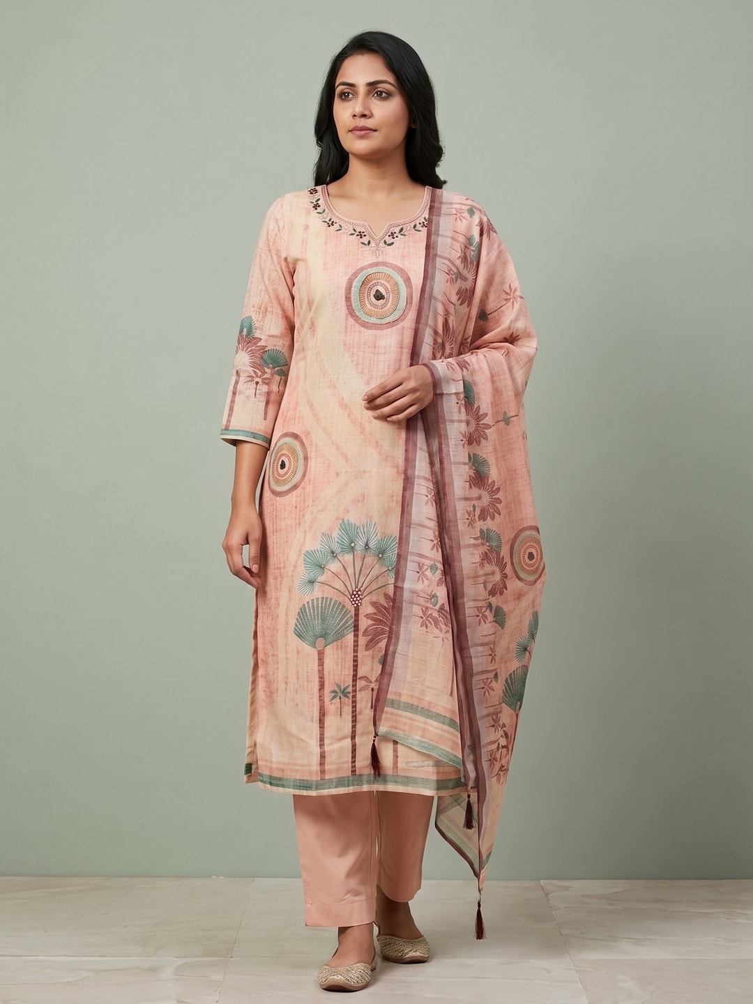 Peachmode Peach Palm Print Cotton Linen Salwar Suit with Dupatta - Image 5