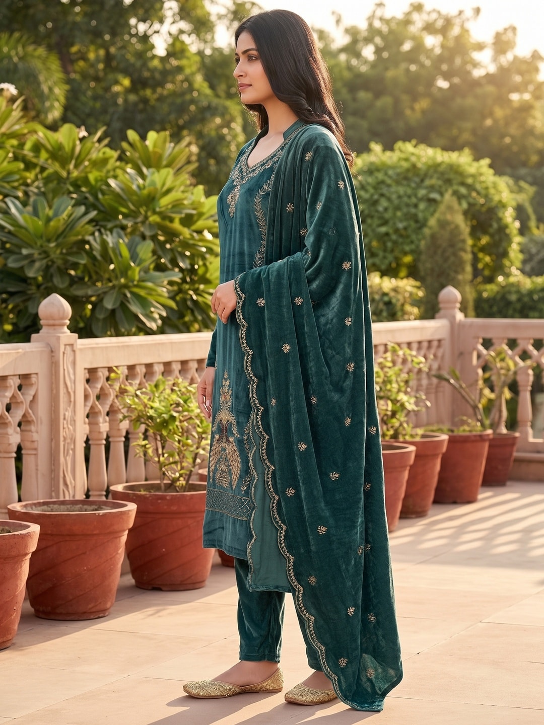 Peachmode Teal Embroidered Velvet Salwar Suit with Dupatta - Image 3