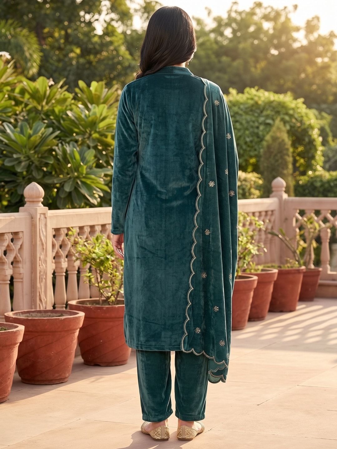Peachmode Teal Embroidered Velvet Salwar Suit with Dupatta - Image 4