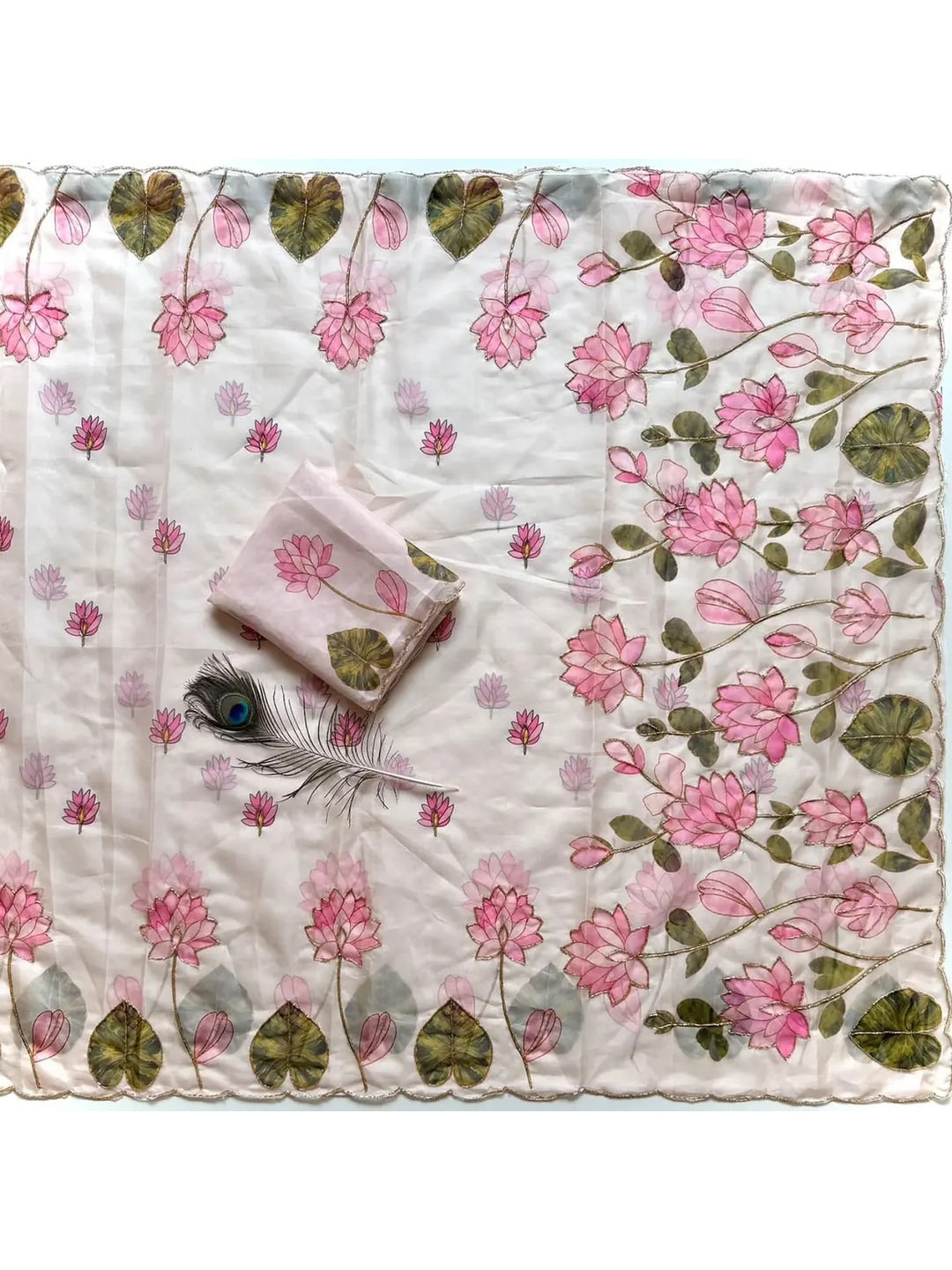 Peachmode Ivory Floral Printed Silk Blend Saree With Handwork - Image 3